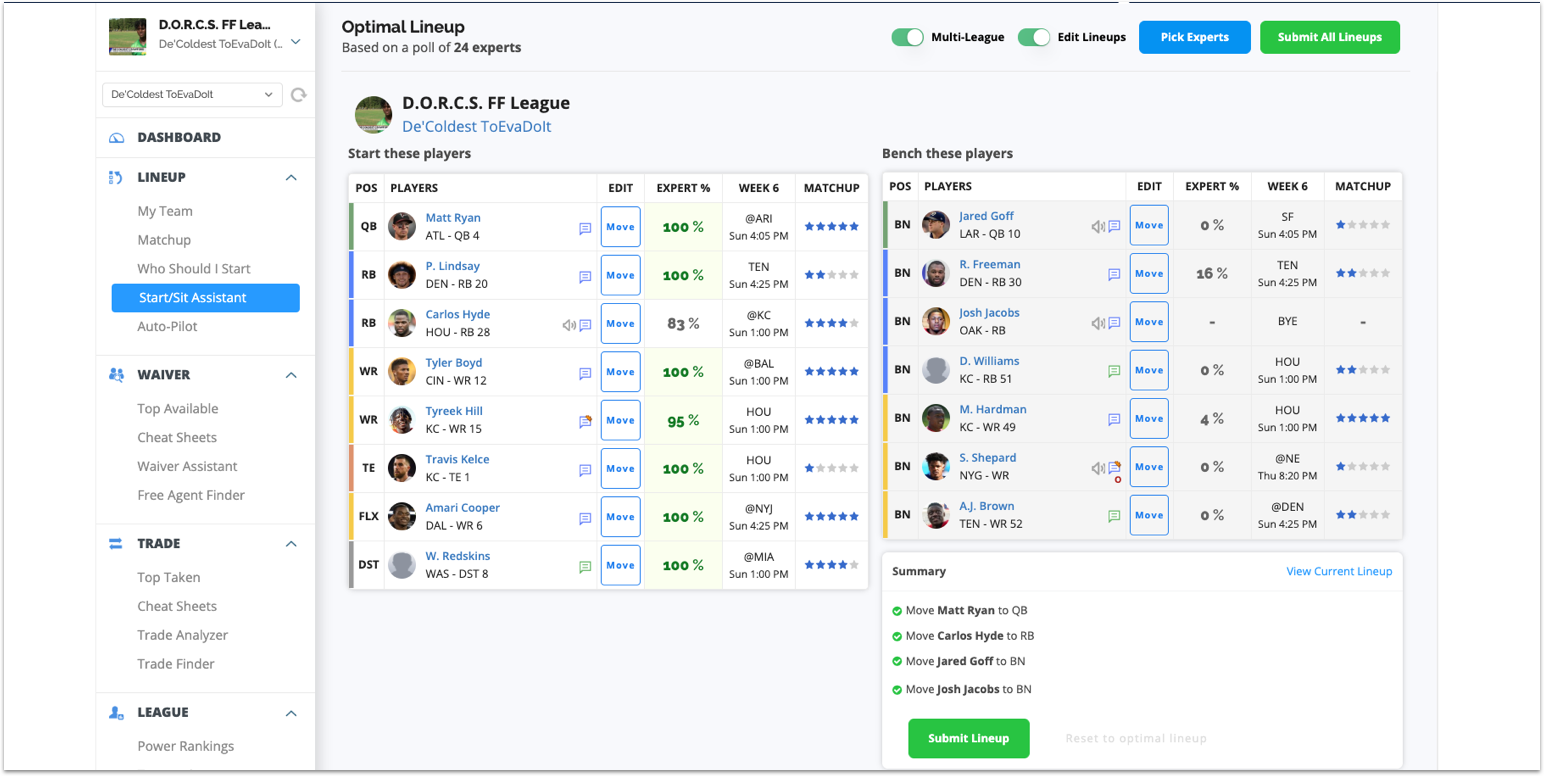 [10/17/2019] Start/Sit Assistant Update: Edit and Submit Lineups for Multiple Leagues
