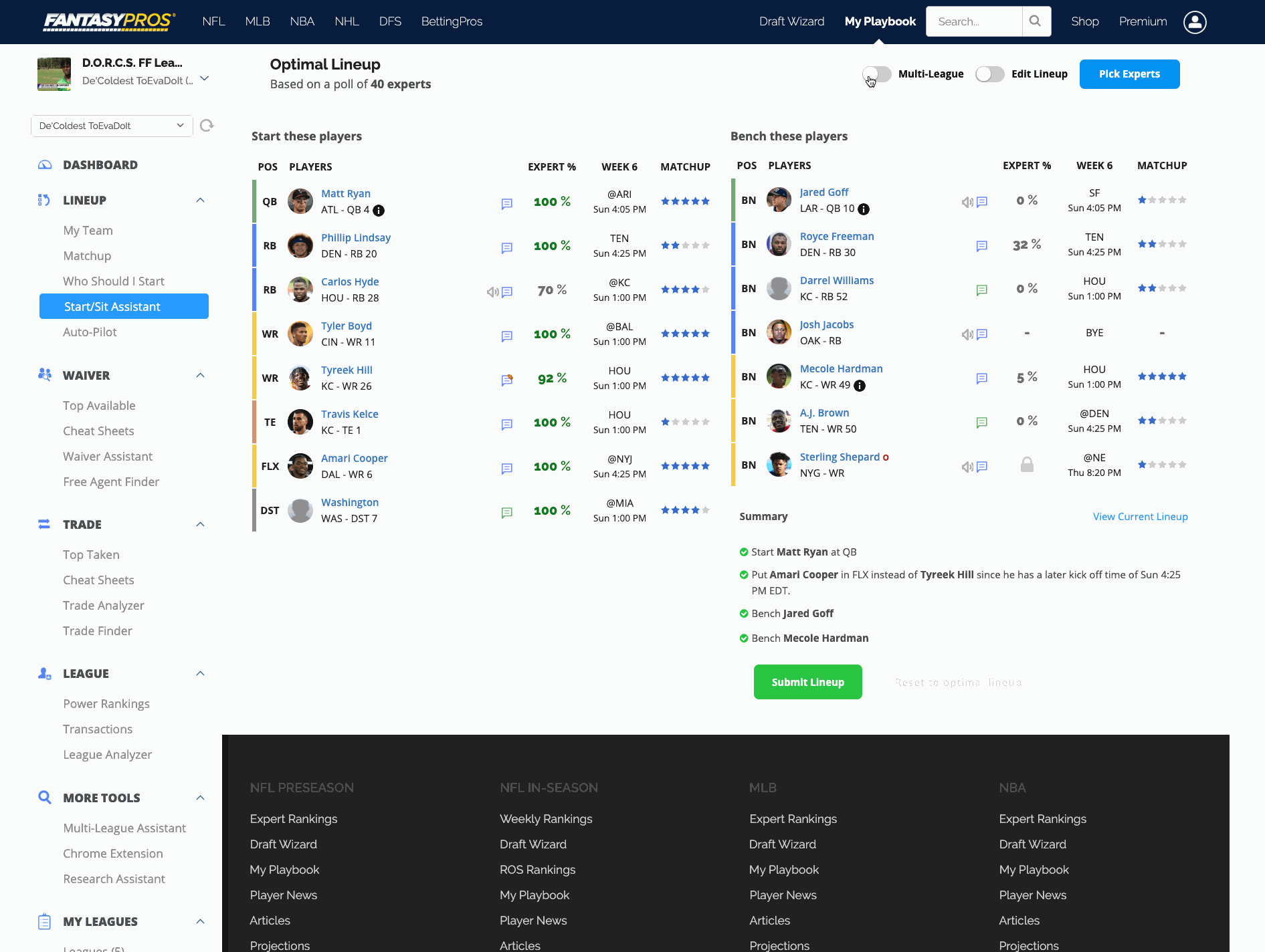 10/17/2019] Start/Sit Assistant Update: Edit and Submit Lineups