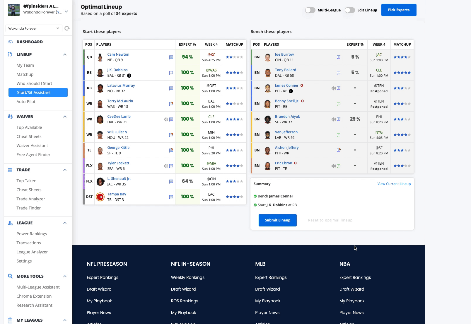 10/02/2020] Setting your Optimal Lineups with the Start-Sit Assistant