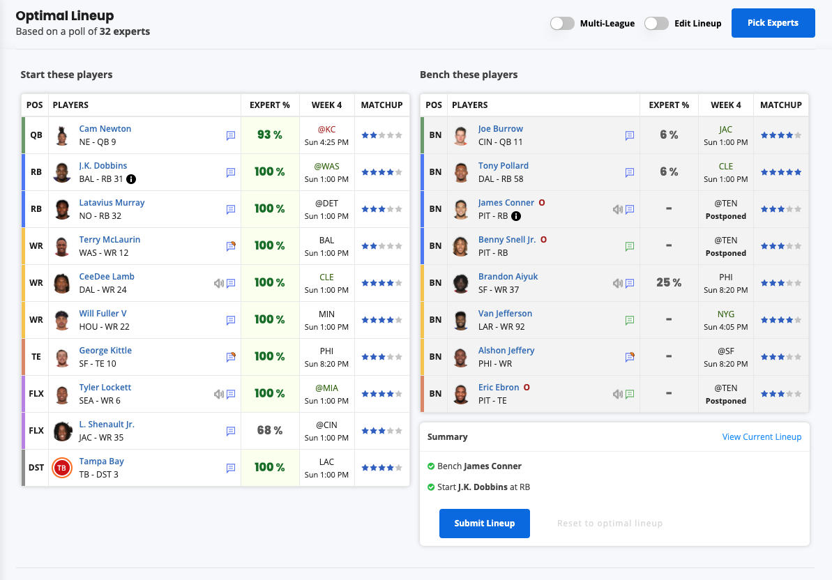 10/02/2020] Setting your Optimal Lineups with the Start-Sit Assistant