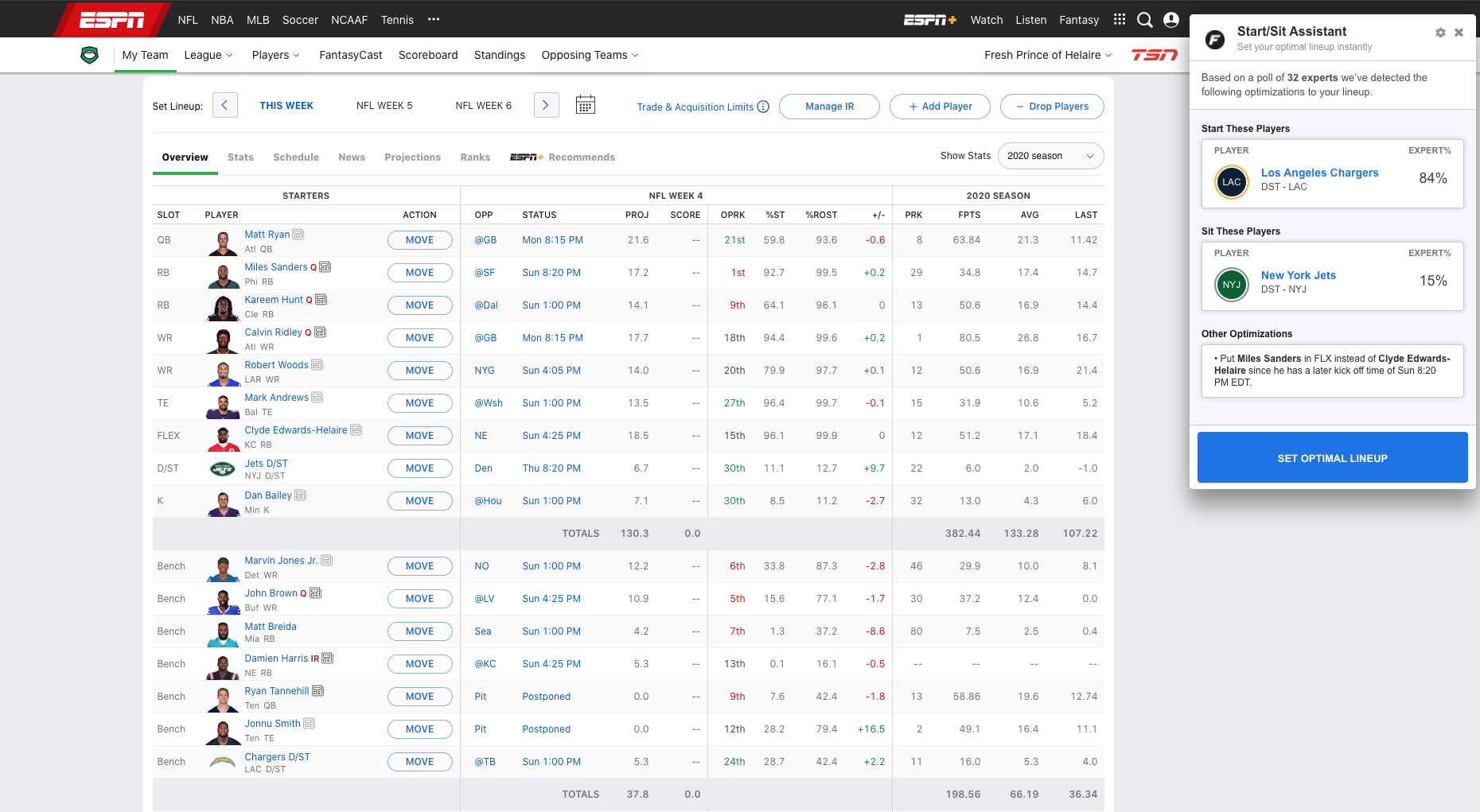 10/02/2020] Setting your Optimal Lineups with the Start-Sit Assistant