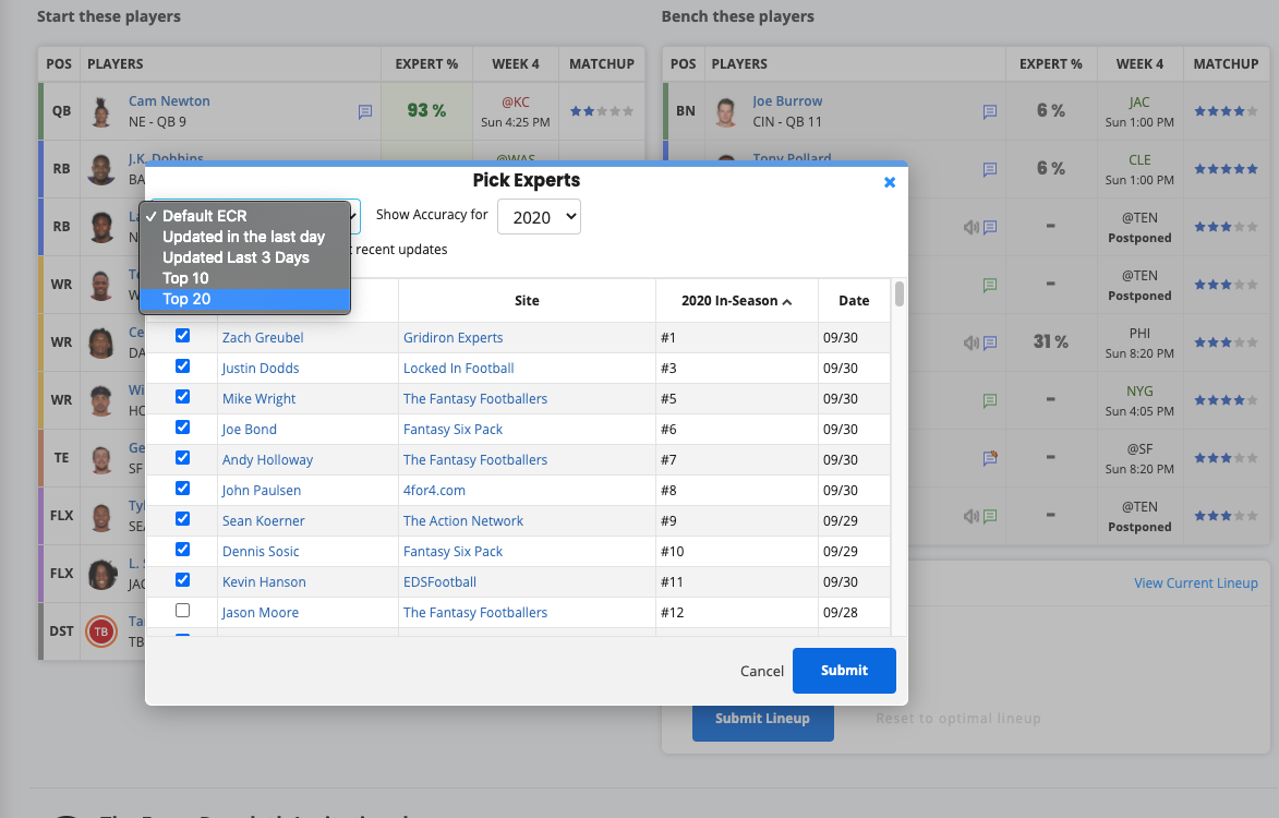 10/02/2020] Setting your Optimal Lineups with the Start-Sit Assistant