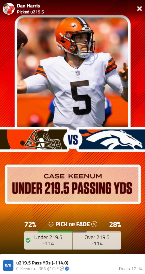 The BettingPros Pick of the Day for Thursday, October 21st, 2021. Dan Harris correctly picks Case Keenum passing under 219.5 passing yards (u219.5 at -114 odds).