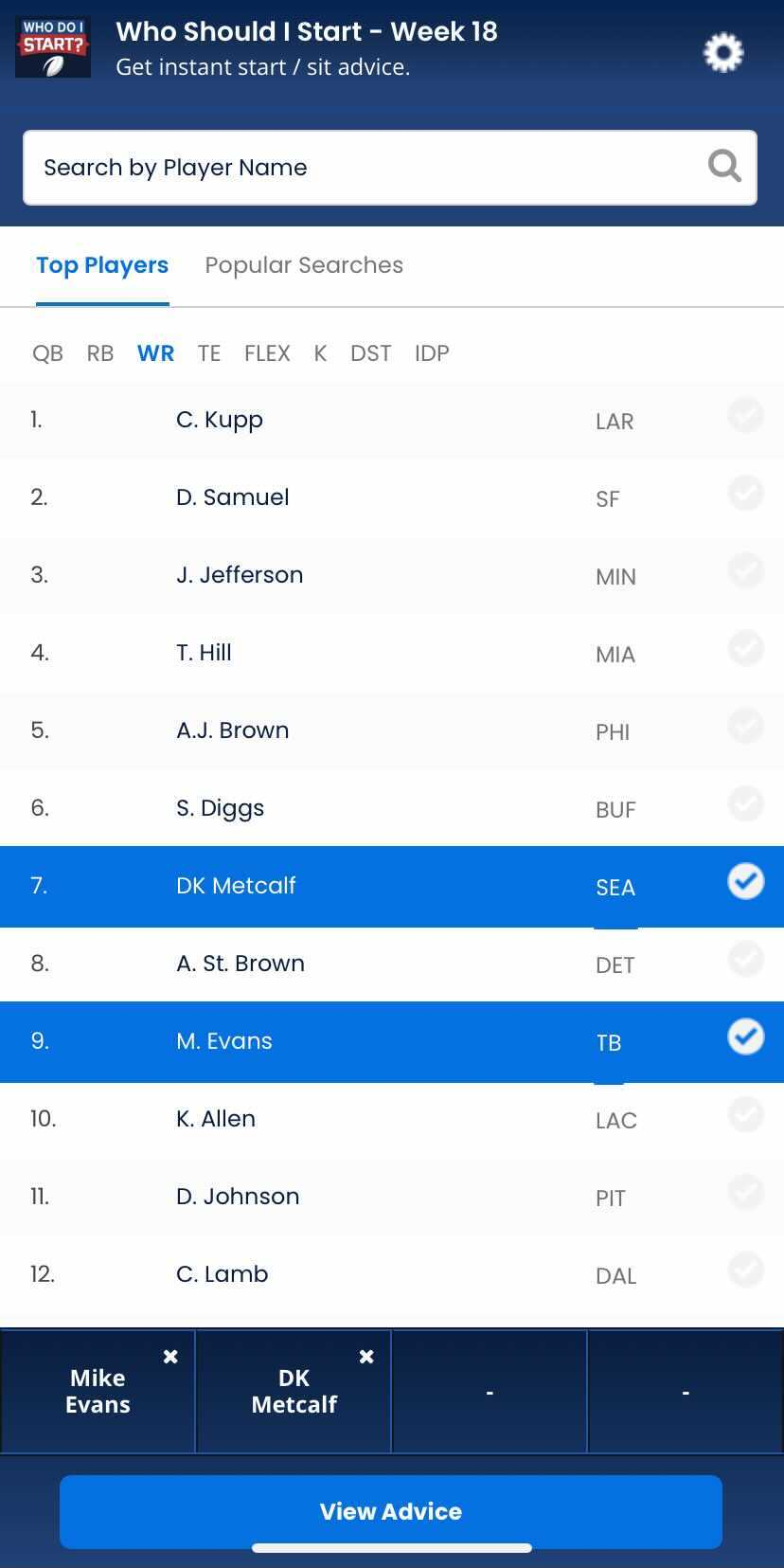Who Should I Start page, mobile web, showing DK Metcalf and Mike Evans