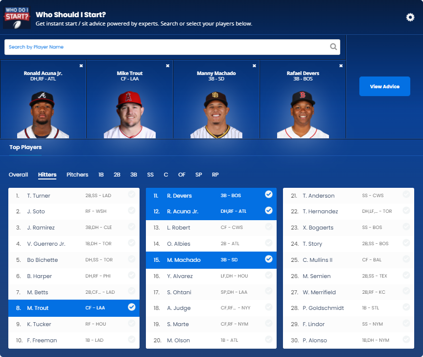 Who Should I Start? MLB page, showing Ronald Acuna Jr., Mike Trout, Manny Machado, and Rafael Devers