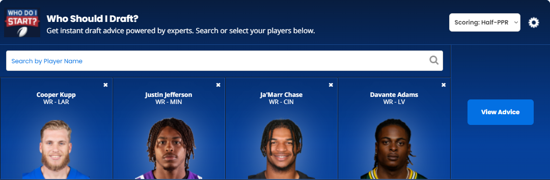 Who Should I Draft? page showing Cooper Kupp, Justin Jefferson, Ja'Marr Chase, and Davante Adams