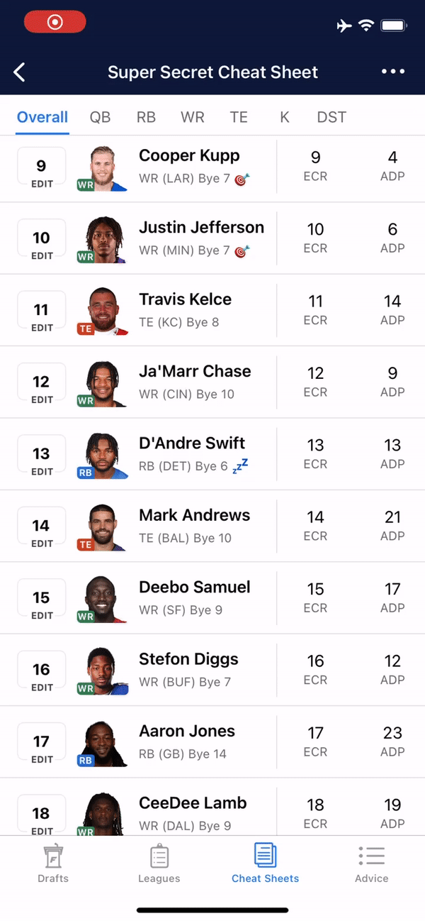 Fantasy Football Draft Cheatsheets App - Custom Rankings