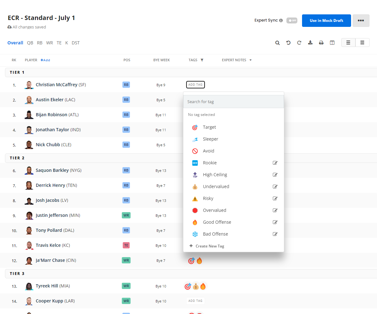 Create free, customized, & printable player rankings using drag