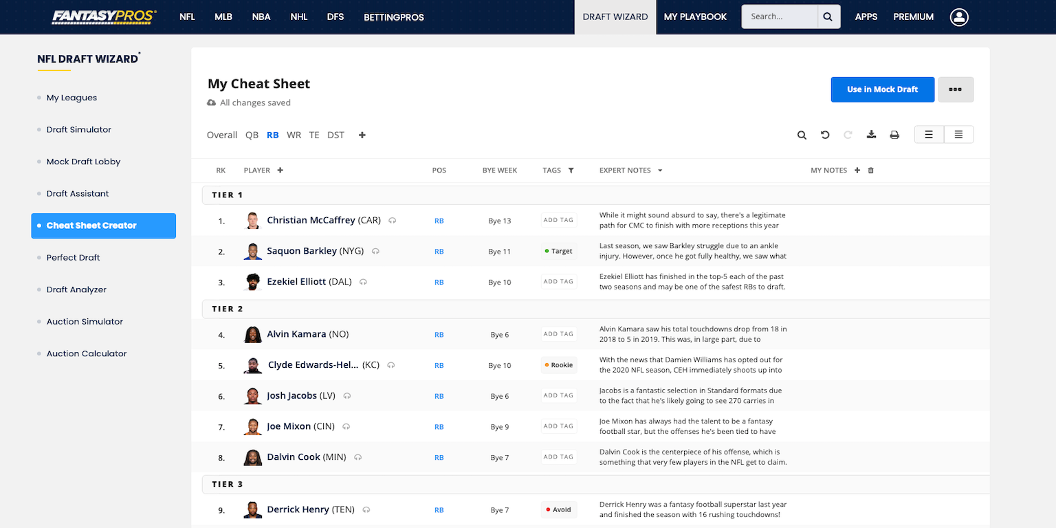 Fantasy Football Draft Day Sheet Template