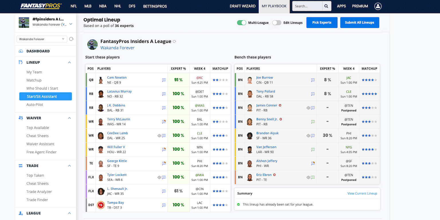 [10/02/2020] Setting your Optimal Lineups with the Start-Sit Assistant